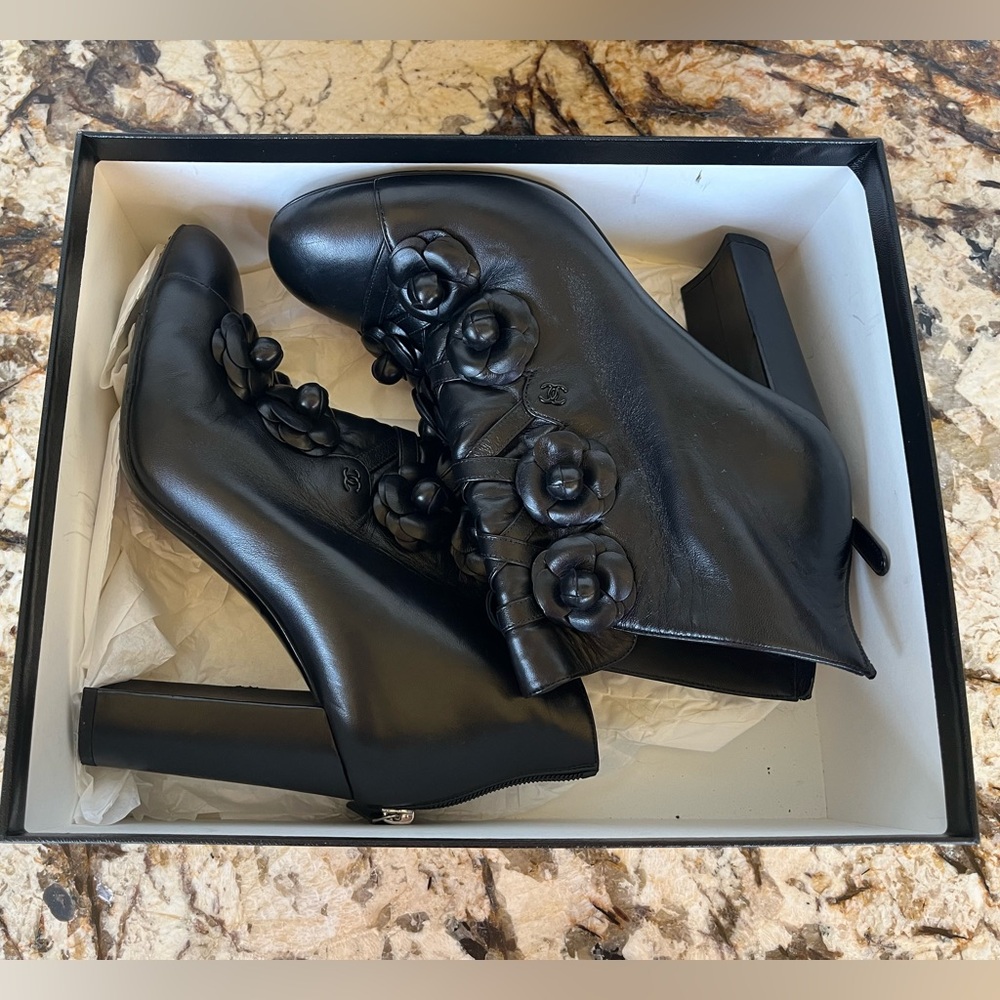 Chanel black leather Camellia flower ankle boots size 41